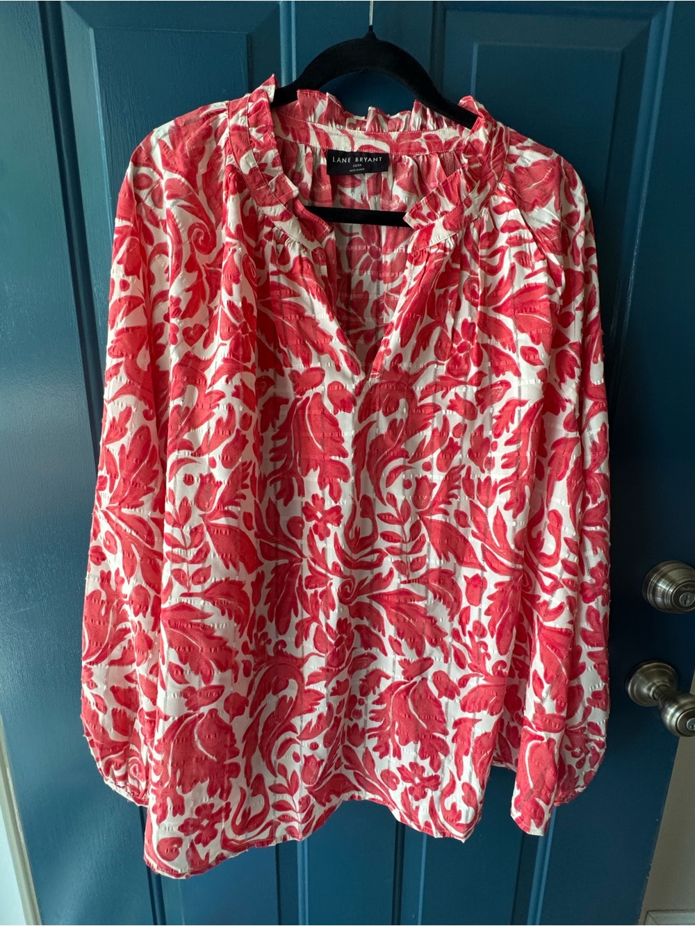 Lane Bryant Coral Red and White Floral Peasant Blouse